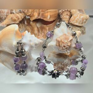 Elegant Stainless Steel Purple Amethyst Beaded Bracelet and Earring Set